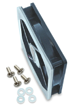 120mm Case Cooling Fan with fitted Silicone Fan Gasket. The silicone gasket is 2.5mm thick. Silicone washers and mounting screws are also shown.