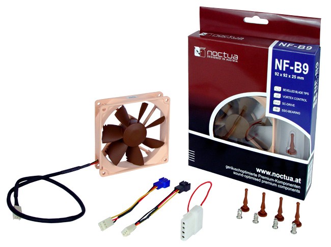 Image shows the Noctua NF-B9 with components and retail packaging.