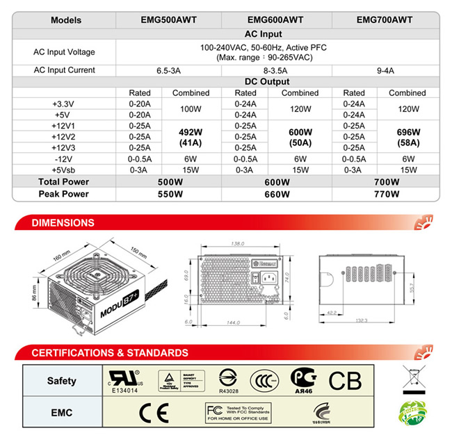 Enermax MODU87+ Specifications