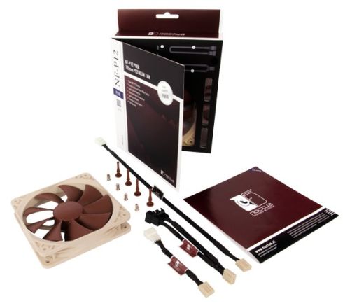 Image shows the Noctua NF-P12 PWM 120mm PC Fan and components with retail packaging.