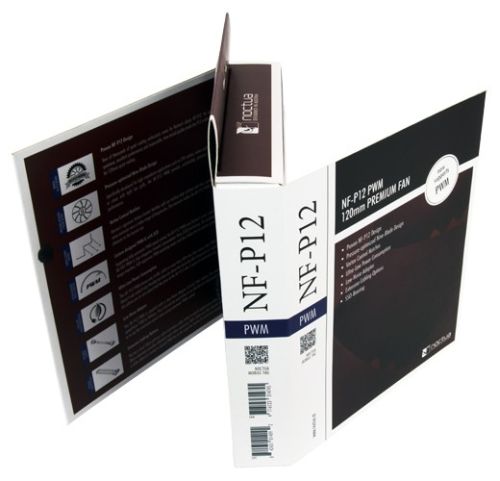 Image shows the Noctua NF-P12 PWM quiet 120mm computer fan retail packaging.