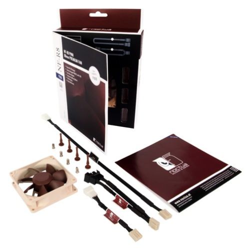 Image shows the Noctua NF-R8 PWM 80mm PC Fan and components with retail packaging.