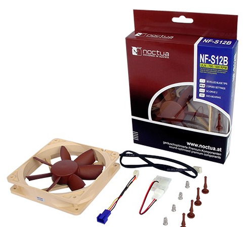 Image shows the Noctua NF-S12B FLX quiet 120mm computer fan and components with retail packaging.