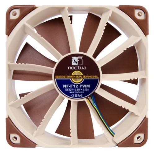 Image shows the Noctua NF-F12 PWM 120mm PC Fan with the new Focused Flow Frame design.