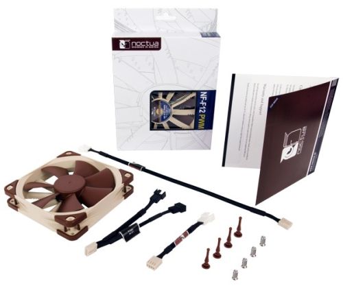 Image shows the Noctua NF-F12 PWM quiet 120mm computer fan and components with retail packaging.
