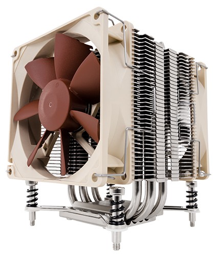 Image shows the Noctua NH-U9DX i4 quiet CPU cooler front.