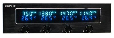 Scythe Kaze Master Ace 5.25 Fan Controller. Image shows front view in black 5.25in fan controller with digital display.