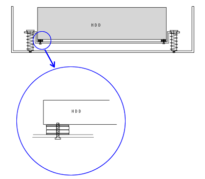 Design of the HDD Vibration Smart Damper. The image shows screws and springs mounted either side of the hard disk, and the HDD itself mounted on gel damper pads.