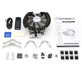 Components for the hybrid Zalman VF2000 GPU and CPU cooler. Image shows the Zalman VF2000 GPU and CPU cooler components.