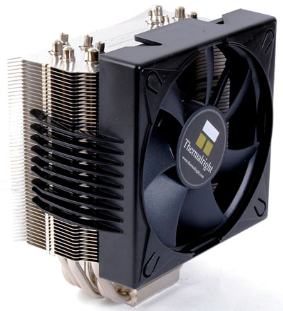 Thermalright Ultra-120 Extreme 775 RT. Image shows the quiet CPU cooler, with silver heatpipes and fins and single black vertical 120mm fan on one side.