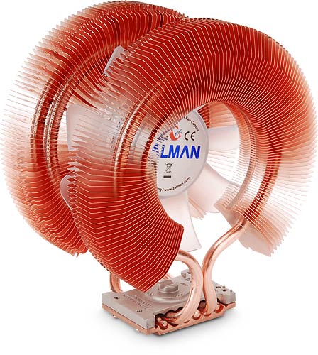 Zalman CNPS 9900 LED PWM CPU Quiet Cooler. Image shows copper cooler, with central 120mm fan with clear impellers.