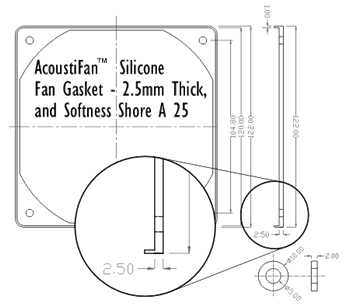 Technical Drawing of 120mm Silicone Fan Gasket. The silicone for the gasket is 2.5mm thick, and the silicone for the washer is 2.0mm thick.
