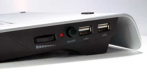 Close-up of Zalman ZM-NC1000 showing controls and USB sockets. The NC-2000 is similar except one of the two sockets is located on the other side of the product