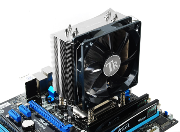 Installed Thermalright quiet CPU cooler. Image shows the Thermalright MUX-120 installed on a motherboard.