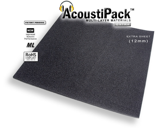 AcoustiPack™ EXTRA Sheet (12mm). Image shows a single black sheet of acoustic materials. Image also contains icons reading: patent pending, new improved acoustic performance, multi-layer and RoHS Compliant. AcoustiPack™ EXTRA Sheet (12mm). Image shows a single black sheet of acoustic materials. Image also contains icons reading: patent pending, new improved acoustic performance, multi-layer and RoHS Compliant.