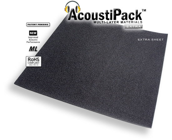 AcoustiPack™ EXTRA Sheet (7mm). Image shows a single black sheet of acoustic materials. Image also contains icons reading: patent pending, new improved acoustic performance, multi-layer and RoHS Compliant.