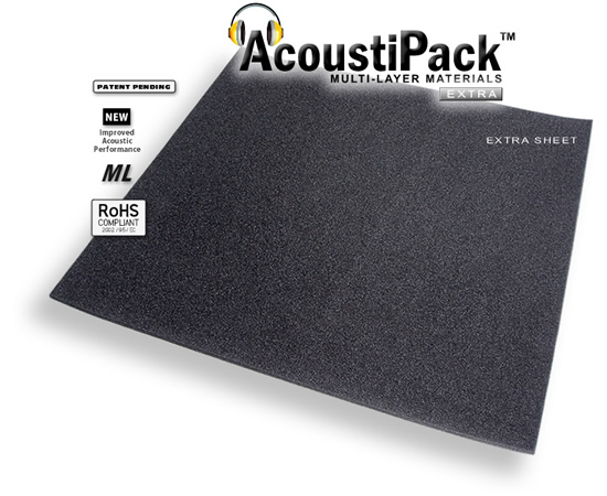 AcoustiPack™ EXTRA Sheet (7mm). Image shows a single black sheet of acoustic materials. Image also contains icons reading: patent pending, new improved acoustic performance, multi-layer and RoHS Compliant. AcoustiPack™ EXTRA Sheet (7mm). Image shows a single black sheet of acoustic materials. Image also contains icons reading: patent pending, new improved acoustic performance, multi-layer and RoHS Compliant.