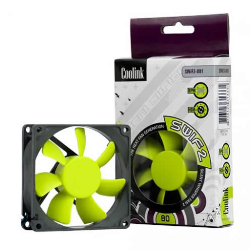 Coolink SWiF2 80mm near silent cooling fan for well cooled and quiet PC's. Image shows the Coolink SWiF2 80mm Quiet Cooling Fan