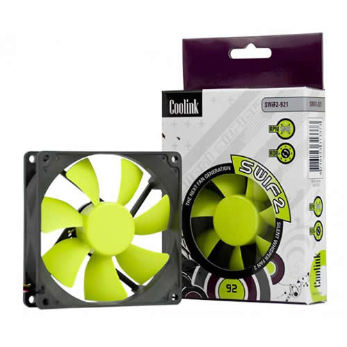 Coolink SWiF2 92mm near silent cooling fan for well cooled and quiet PC's. Image shows the Coolink SWiF2 92mm Quiet Cooling Fan
