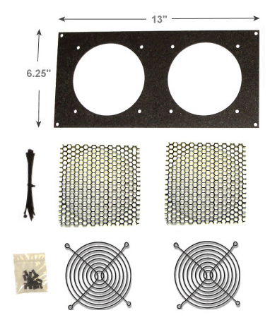 Fan Bracket With DImensions and Full Kit Layout. Image shows the Single hole fan bracket components.