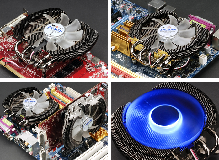 Zalman VF2000 features. Image shows the Zalman VF2000 as a VGA and GPU cooler, CPU cooler, both a CPU and a VGA or GPU cooler and with the fan LED lights.