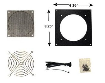 Fan Bracket With DImensions and Full Kit Layout. Image shows the Single hole fan bracket components.
