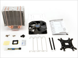 Components for the Zalman CNPS CPU Cooler. Image shows the Zalman CPU cooler components.