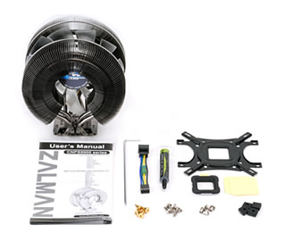 Components for the Zalman CNPS9900 MAX. Image shows the Zalman CNPS9900 MAX components.