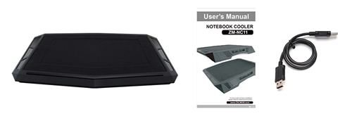 Components for the Zalman ZM-NC11 Notebook Cooler. Image shows the Zalman ZM-NC11 Notebook Cooler components.