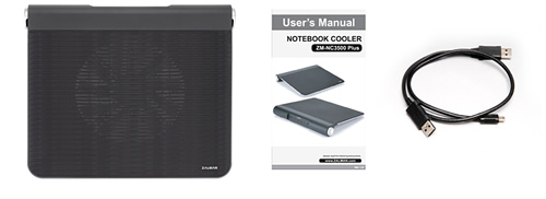Components for the Zalman ZM-NC3500 Notebook Cooler. Image shows the Zalman ZM-NC3500 Notebook Cooler components.