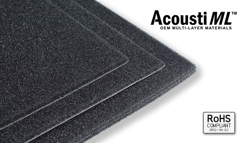 AcoustiML acoustic materials to reduce noise from electronic environments. Image shows three different sheets of acoustic materials.