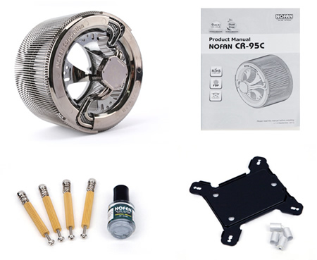 Components for the NoFan CR-95C IcePipe CPU Cooler. Image shows the NoFan CPU Cooler components.